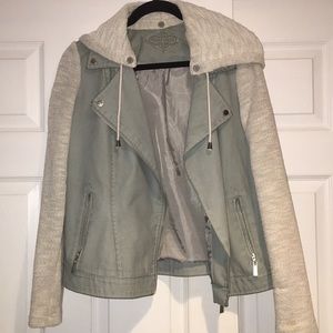 Juniors Lite green/grey faux hooded leather jacket